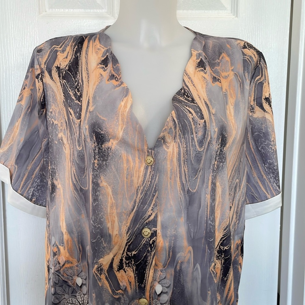 HEKKA WATERCOLOR AND FLORAL SHORT SLEEVE SCALLOPED NECKLINE BLOUSE TOP SIZE 3XL